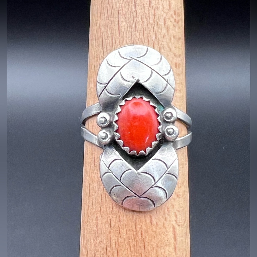 Native American Coral Shadowbox Ring - image 1